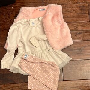 Mayoral Pink Faux Fur Vest and Cream Dress Set